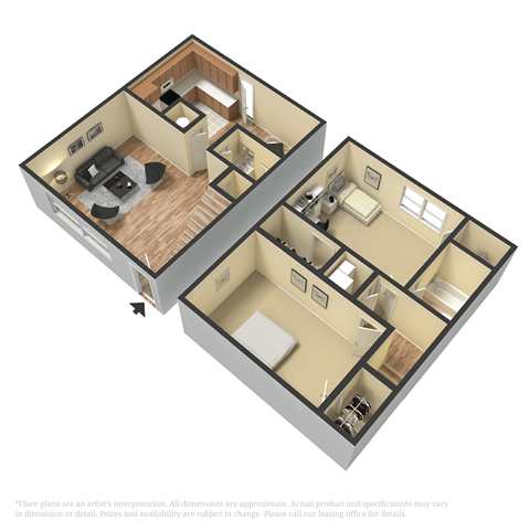 Floor plan for 2 beds, 1.5 baths, 1100 sqft